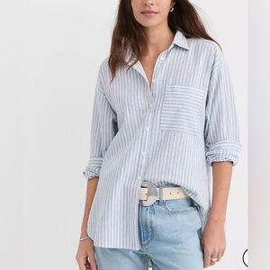 LOFT Outlet Women’s Striped Linen Blend Everyday Oversized Pocket Shirt Sz Large